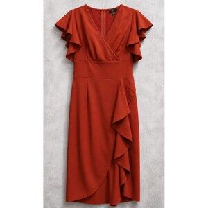 Knitee Ruffle Midi Dress Womens Small Rust Red Faux Wrap Cocktail NWT